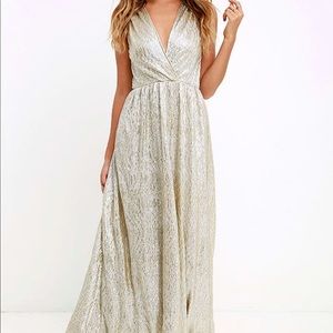 Lulus shimmer gold floor length dress.